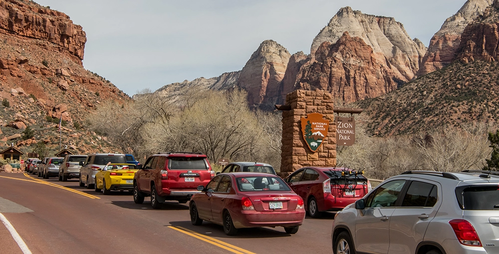 cars waiting to enter Zion National Park